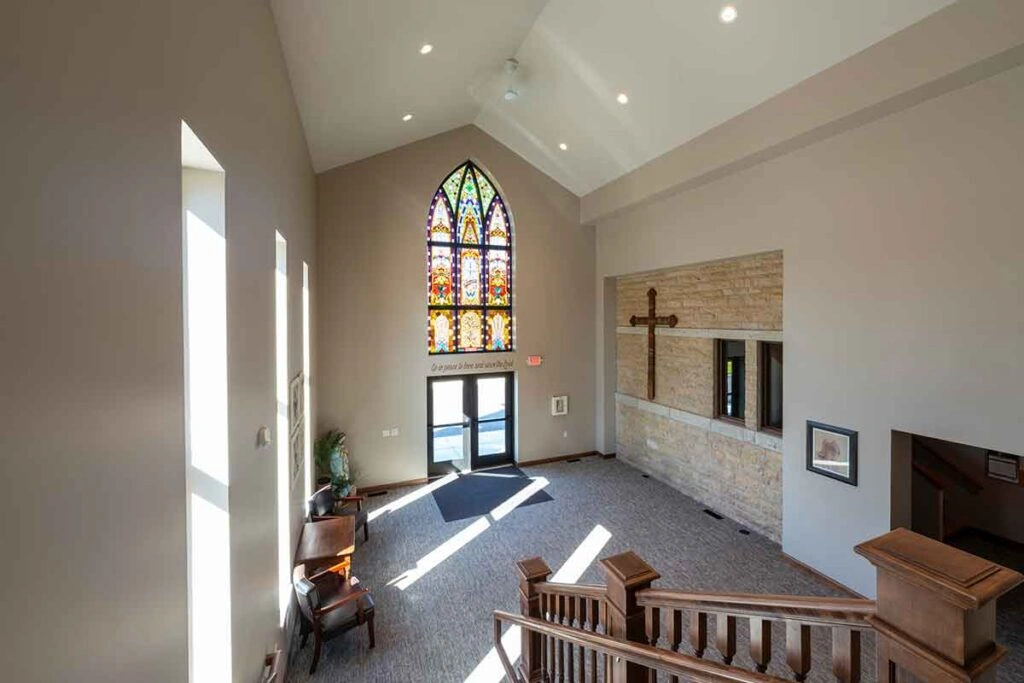 The vestibule is an airy and inspiring gathering place - St. Joseph Catholic Church