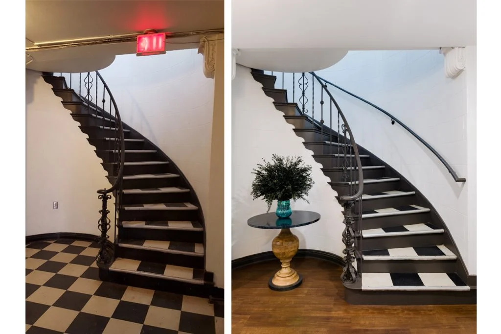 Alpha Xi Delta spiral staircase before and after