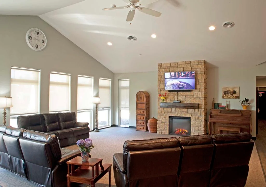 BeeHive Homes of Mt. Horeb vaulted great room with fireplace