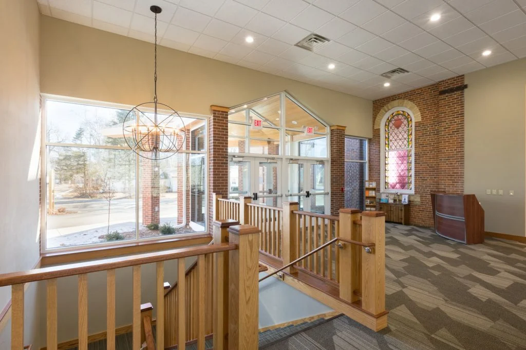 Fulton Church - Glass entry and preserved stained glass window