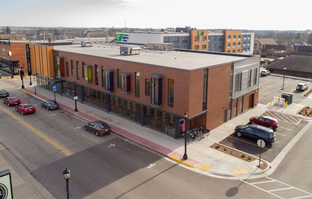 Platteville Public Library Aerial view of the library