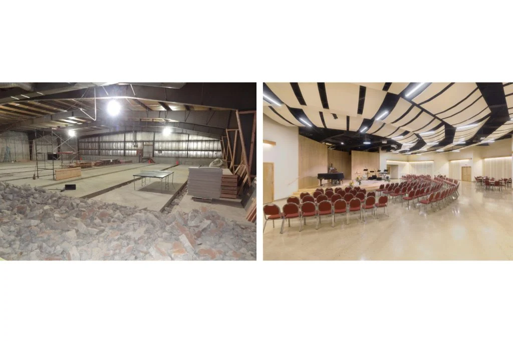 Sugar River United Methodist Church - 3,700 square foot, fan-shaped sanctuary, before and after