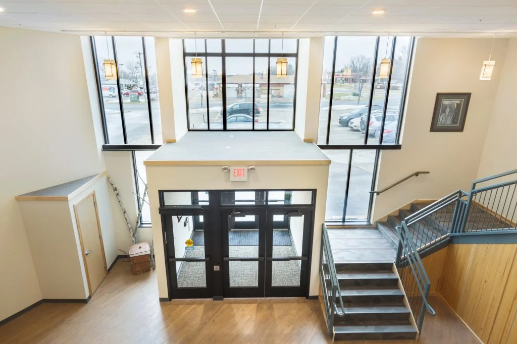 Sugar River United Methodist Church - An open, two-story foyer and large windows