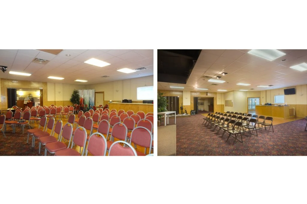 Sugar River United Methodist Church - Second floor worship space, before and after
