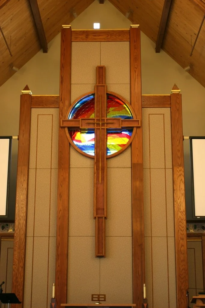 Wisconsin Lutheran Chapel & Student Center - Altar with stained glass windows