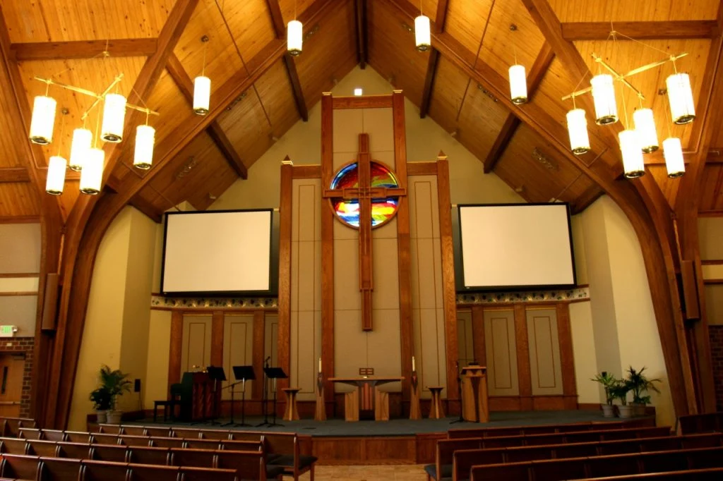Wisconsin Lutheran Chapel & Student Center - Sanctuary with tongue and groove wood ceiling