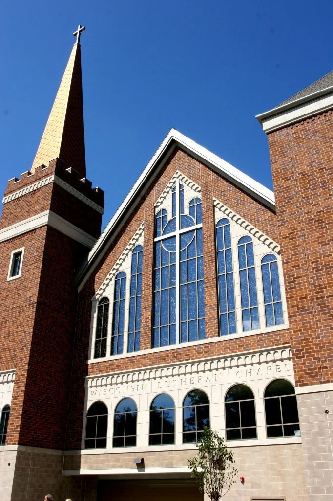 Wisconsin Lutheran Chapel & Student Center - Turrets and large stained-glass windows
