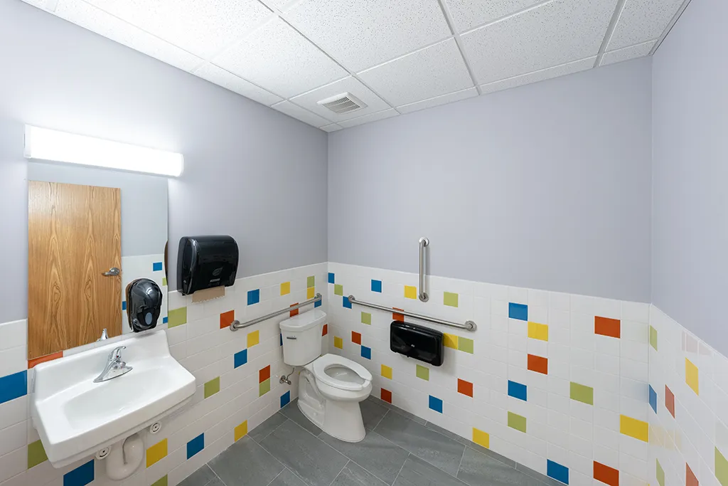Bathroom with colorful wall tiles, light gray walls, toilet and sink