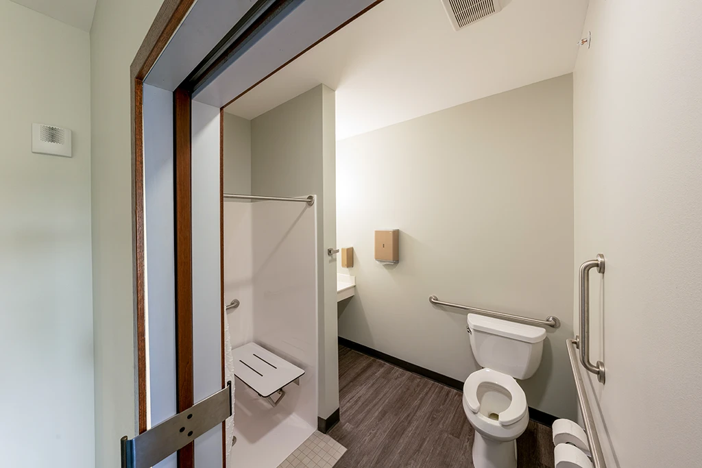 Bathroom with roll-in shower, sitting platform, white toilet and grab bars