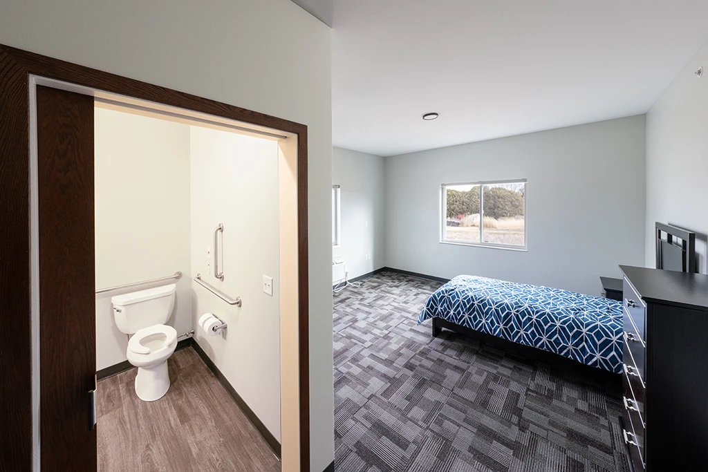 Room with gray patterned carpet, bed with blue and white cover, black dresser, and adjacent bathroom with white toilet