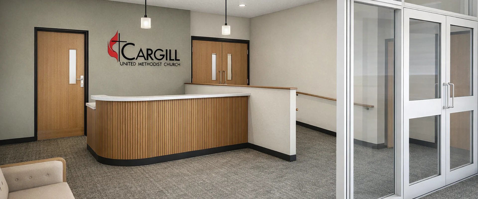 rendering of church lobby with white and glass doors, brown wood reception desk, ramp