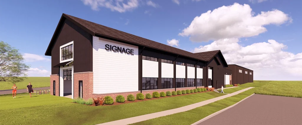 rendering of long brown and white athletic center