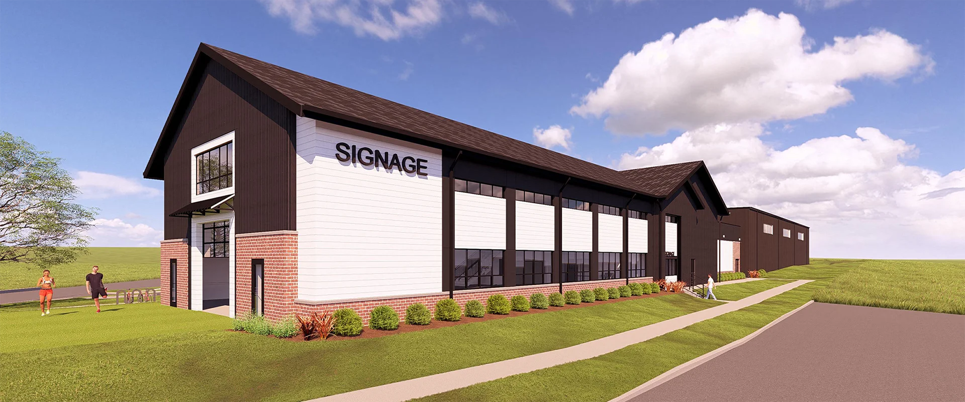 rendering of long brown and white athletic center